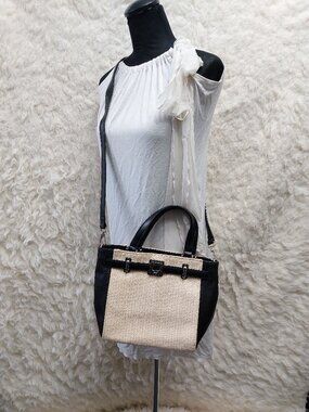 Kate Spade Women's Shoulder Tote Handbag Medium Woven Black/Cream W/Front Bow